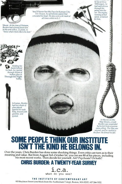 Chris Burden interpreta a Himself en A Twenty-Year Survey, Newport Harbor Art Museum